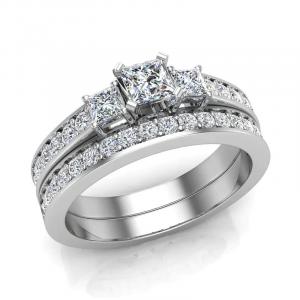 Past, Present, Future Princess Cut Three Stone Wedding Ring Set