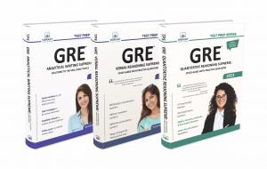Front covers of GRE Analytical Writing Supreme: Solutions to the Real Essay Topics, GRE Verbal Reasoning Supreme: Study Guide With Practice Questions, and  GRE Quantitative Reasoning Supreme: Study Guide With Practice Questions
