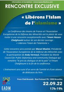 La présentation du livre a eu lieu en français, mais le message devrait finalement être connu dans toutes les langues du monde, libérons l'islam de l'islamisme. C'est la difficile mission de l'imam islamique Hassen Chalghoumi.