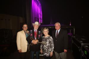 L-R: Clarke Beasley (Pigeon Forge Bluegrass Festival), Doyle Lawson, Earlene Teaster (Pigeon Forge City Manager), and Kyle Cantrell (Host and Program Director, SiriusXM Bluegrass Junction) pose backstage during the Inaugural Pigeon Forge Bluegrass Festiva