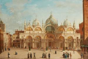 Oil on canvas from the Circle of Giuseppe Canella (Italian, 1788-1847), titled Travellers on the Grand Tour before the Basilica di San Marco, Venice, 16 inches by 23 inches (est. $25,000-$35,000).