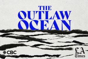 The words The Outlaw Ocean appear in blue above wave forms made out of black papercuta in a pale gray background.