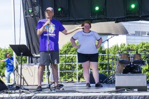 Jeff Campbell thanks young musicians and volunteers at the Rock and Roll Hall of Fame Fam Jam in Cleveland, Ohio, on June 25, 2022. This was the first stop in the musical instrument donation nonprofit's national set-up tour. Photo shows Campbell on a band