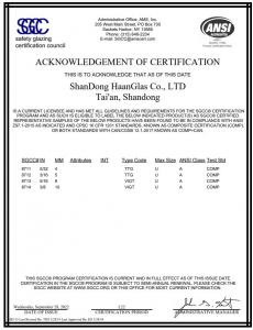 HaanGLAS tempered VIG-SGCC certificate