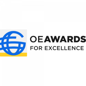 A logo with a brand device that mimics a globe in the form of G and OE Awards written out