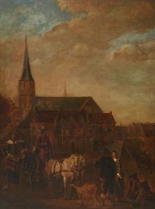 Oil on board in the manner of David Teniers the Elder (Belgium, 1582-1649) titled View of Amsterdam, with a partially covered signature lower left and dated “46” (est. $1,000-$2,000).