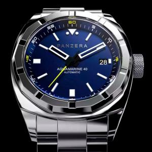 Panzera Aquamarine Atlantic Blue Command - Orologio Uomo Automatico 45mm, Cassa Acciaio 316L, Vetro Zaffiro, 200m