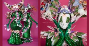 A picture of two flower characters made of plastic vintage flowers