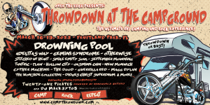 This is a horizontal image of the Throwdown at the Campground artwork with all of the performing bands listed. Art consists of a skeleton on a motorcycle and an RV.