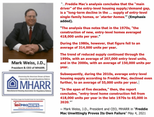Mark Weiss MHARR logo Freddie Mac Facts Analysis Longterm Decline Supply Starter Homes Entry Homes 418K in 1970s, 314K in 1980s, 207K 90s, 150K 2000s, 55K2010s. Mark Weiss MHARR CEO statement.