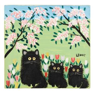 Oil on board painting by Maud Lewis (Canadian, 1903-1970) titled The Three Black Cats, a serial image only found in the mid-to-late 1960s, artist signed (est. CA$25,000-$30,000).