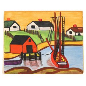 11 ¼ inch by 15 inch Sandy Cove harbor scene by Maud Lewis (Canadian, 1903-1970), a serial image showing Sandy Cove along Digby Neck, Canada in full season (est. CA$12,000-$15,000).