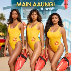 Three young female lifeguards in yellow swimsuits stand in front of the lifeguard stand, ready to save.