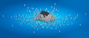 Vector of many people swarming a house on a blue background