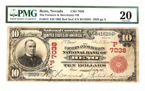 Ten-dollar 1902 red seal banknote from The Farmers & Merchants National Bank in Reno, Nevada, the second finest known of just five red seals reported, PMG Very Fine 20 ($12,500).