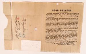 Folded slave broadside, 9 ¾ inches by 13 ½ inches, dated Sept. 28, 1852, offering “a liberal reward for the apprehension of (two) Negroes, who ran away Saturday night, the 21st ($8,750).