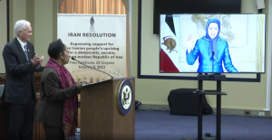 NCRI President-elect Maryam Rajavi joins a bipartisan congressional press briefing on Feb 8, 2023, hosted by Rep. Tom McClintock (R-CA) & also attended by Rep. Sheila Jackson-Lee (D-TX), to introduce H.Res.100, supporting Iran uprising for a democratic, s