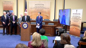 NCRI President-elect Maryam Rajavi joins a congressional press briefing on Feb 8, 2023, hosted by Rep. Tom McClintock (R-CA) & attended by a bipartisan group of House members, to introduce H.Res.100, supporting Iran uprising for a democratic, secular nonn