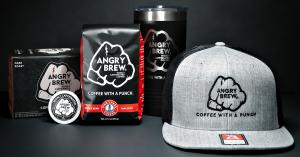  Angry Brew single-serve pods, 12 oz. whole bean bag, Angry Brew tumbler, and hat - all featuring Five Lakes Coffee's best-selling product. Angry Brew is now available nationwide.