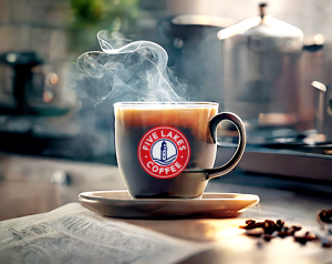 A cup of premium Five Lakes Coffee sets on a kitchen island in the morning.