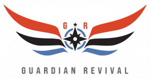 Guardian Revival logo with compass and wings in red, black, and blue