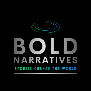 Bold Narratives Logo with green and blue pool icon and tagline Stories Change the World