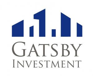 Gatsby Investment Logo. White and dark blue. An abstract house as a logo and the company name.