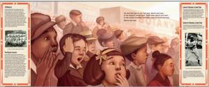 Interior scene from The House That Ruth Built by Kelly Bennett "Fans in the stands watching and waiting for the Babe to bat." Sidebars with baseball facts border the page