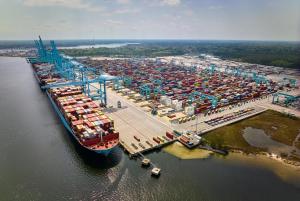 Aerial view of Port of Virginia showing ships with containers