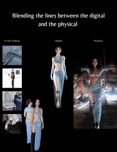 an image of a blue sequence dress, featuring it as a sketch concept, on the runway, and in the metaverse.