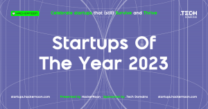 Image banner showcasing startups of the year 2023 logo by HackerNoon as well as the logos of sponsors .Tech Domains, Bybit, and MEXC Global