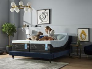 Tempur-Pedic Breeze Split King with woman and dog