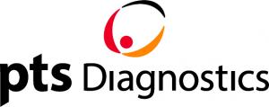 Company logo has PTS Diagnostics in black text and the PTS symbol floating above it. The symbol is circle made of black, orange, and red arches with a red dot in the middle. PTS Diagnostics manufactures CardioChek Plus for cholesterol testing and A1CNow f