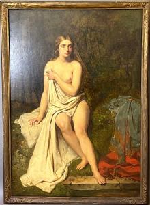 Large-format, nearly life-size oil on canvas portrait of a partially-clad beauty, titled Lorelei ($32,000).