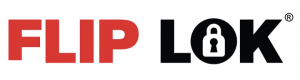 Red and black Flip Lok Logo with a lock image in the middle of the O
