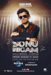 Sonu Nigam captivating the audience with his electrifying performance at The Broward Center in Fort Lauderdale, presented by Kash Patel Productions.
