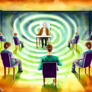 A group of people sitting around a hypnotist.