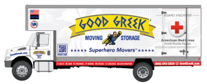 Good Greek and American Red Cross wrapped moving truck