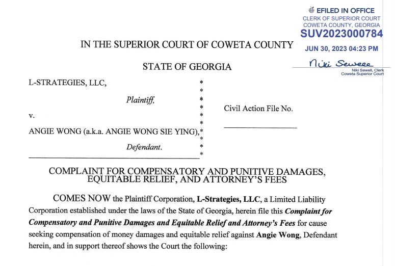 Angie Wong former Legacy PAC president and L Strategies partner sued for  embezzlement and defamation in Georgia