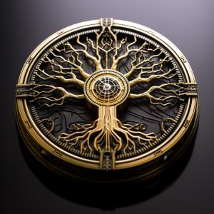 Image of the GDRC coin that has the tree of life in the primary area of the coin with a compass and globe in the middle of the tree
