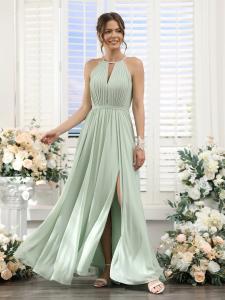 A-Line Halter Sleeveless Ruched Floor-Length Chiffon Bridesmaid Dresses