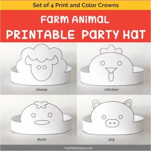 Outlined Coloring Version: Farm Animal Costume Party Hats Set for Coloring with Sheep, Chicken, Pig, Duck