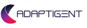 A logo of navy, purple and pink gradient half circle next to the company name Adaptigent