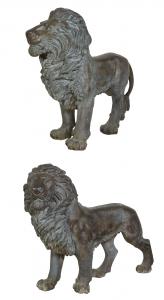 This handsome pair of monumental 20th or 21st century green patinated bronze male lion figures, each one 55 inches tall by 78 inches wide, should bring $8,000-$10,000.