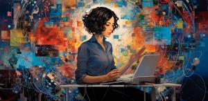 Artistic rendering of a woman creating a document on her laptop.  The surrounding images imply technology and automation with Ictect's Intelligent Content with Generative AI making her life easier.