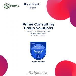 The Prime Consulting Group team holding the "Smartsheet Partner of the Year - North America 2023" award.