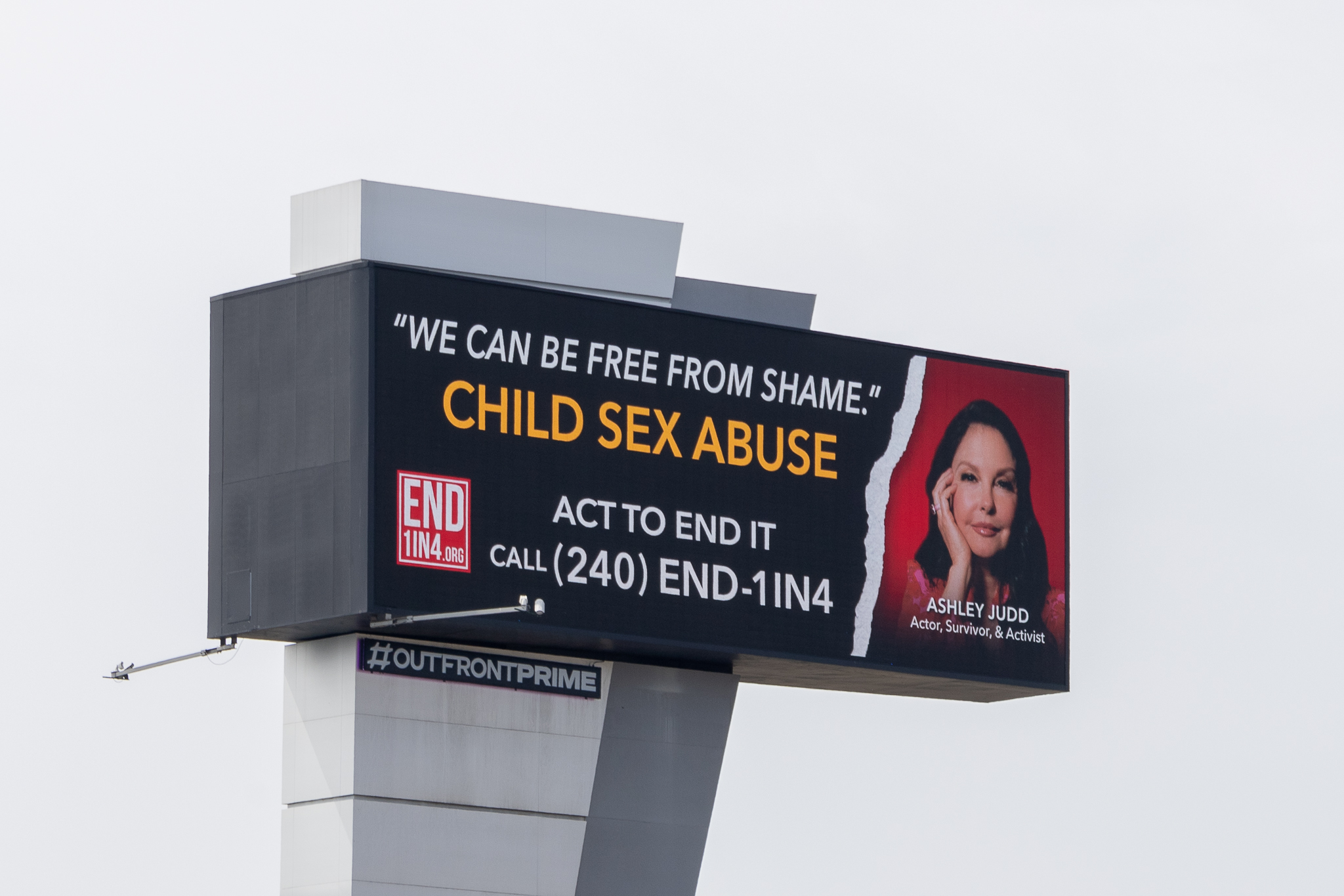 Ashley Judd & Anthony Edwards Launch END1IN4 Child Sex Abuse Campaign,  Lighting Up Times Square; Across Miami; & in L.A.