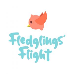 Blue text that says Fledglings' Flight with small pink bird above it