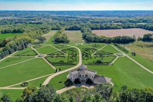 Aerial shot showcasing expansive formal garden