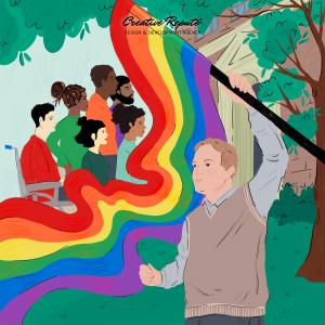 illustration of Chris Bartlett waving a rainbow flag in from of WayGay Center